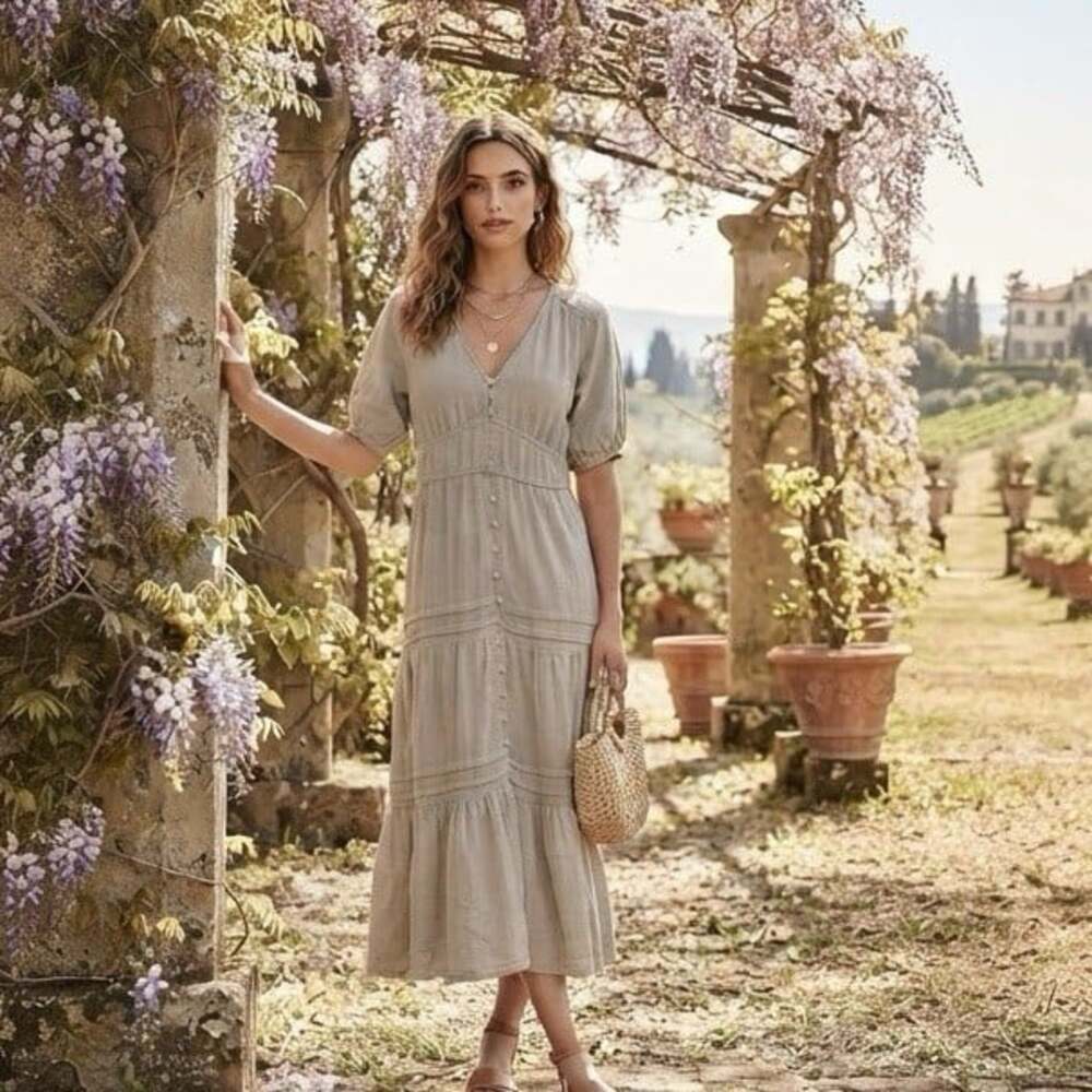 Lucky Brand sz L Tiered Button Front Sage Green Puff Sleeve Peasant Maxi Dress